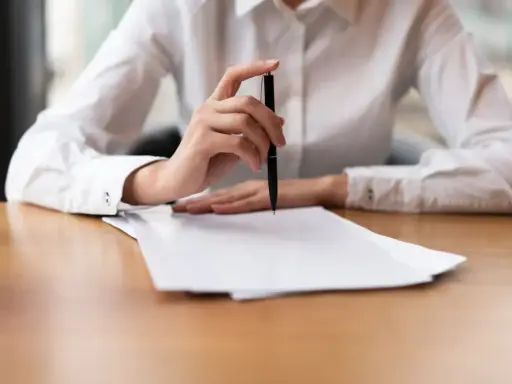 Dłoń z długopisem nad stosem papierów, gotowa do spisania, jak złożyć skargę na kuriera InPost.