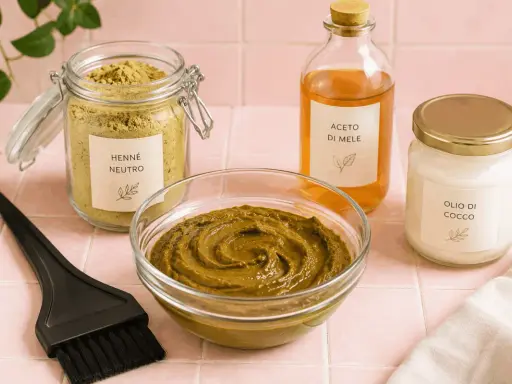Preparazione per la colorazione naturale dei capelli: henné neutro, aceto di mele, olio di cocco e pennello. Valutare i henné capelli pro e contro per una scelta consapevole.