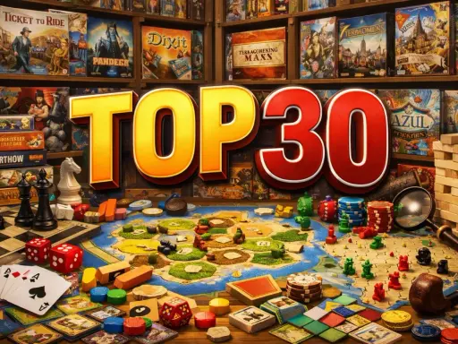 Popularne gry planszowe: "TOP 30" na tle półek z grami, plansza, kości, karty i pionki.