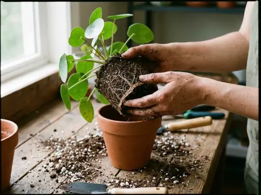 Mains terreuses tenant une plante aux racines bien développées, prête à rempoter dans un pot en terre cuite.