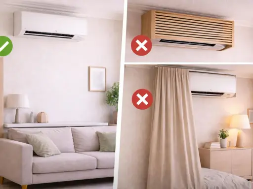 Guía visual: cómo instalar aire acondicionado correctamente. Evita obstrucciones y cubiertas que impidan su funcionamiento óptimo.