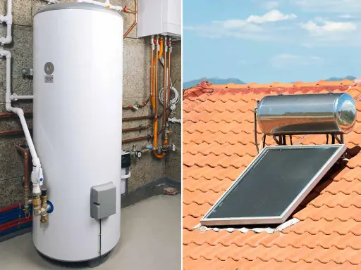 Système de chauffe eau solaire fait maison : un ballon blanc dans une pièce technique et un panneau solaire sur un toit de tuiles.