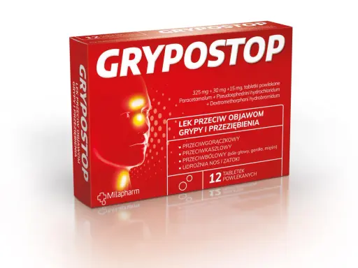 Opakowanie leków na grypę Grypostop, z wizerunkiem głowy z zaznaczonymi objawami. Pomaga zwalczyć gorączkę, kaszel i ból.