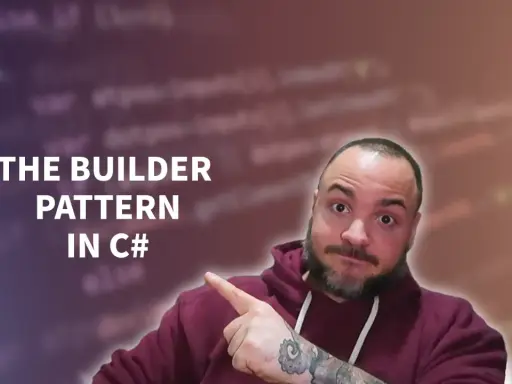 Mężczyzna wskazuje na tekst "THE BUILDER PATTERN IN C#" na tle kodu.