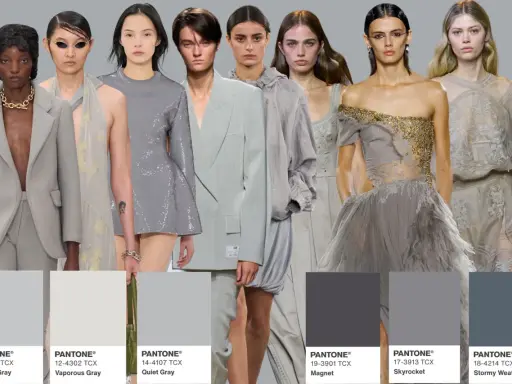 Modelli con abiti eleganti in tonalità grigio e cammello, con campioni di colore Pantone a contrasto.