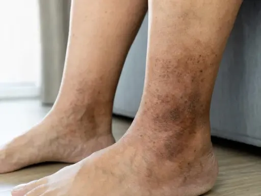 Gambe e caviglie con macchie scure e arrossamenti, indicative di dermatite da stasi.