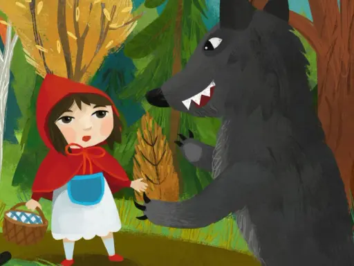 Cappuccetto Rosso incontra il lupo nel bosco, un classico esempio di "lupus in fabula significato" dove il pericolo appare quando meno te lo aspetti.