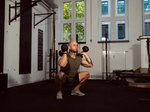 Mann macht Kniebeugen mit Kurzhanteln. Ein Supersatz ist, wenn zwei Übungen direkt hintereinander ohne Pause ausgeführt werden.