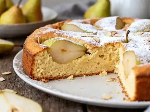 Gâteau poire moelleux, saupoudré de sucre glace et garni de fines lamelles d'amandes. Des poires fraîches sont intégrées dans la pâte.