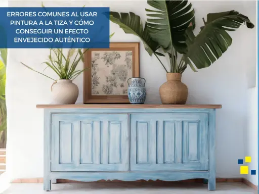 Mueble azul con efecto envejecido, resultado de una pintura a la tiza. Decorado con plantas y jarrones, muestra cómo lograr un acabado auténtico.