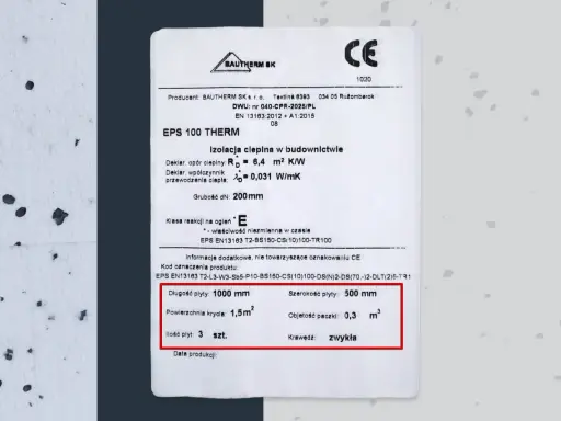 Etykieta produktu EPS 100 THERM. Grubość 200mm, powierzchnia krycia 1,5m². Ile styropianu 5 cm w paczce m2? Objętość paczki 0,3 m³.