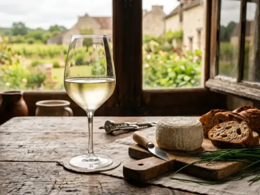 Ein Glas Weißwein, typisch für die Sancerre Rebsorte, steht neben Brot und Käse vor einem Fenster mit Blick auf ein ländliches Anwesen.