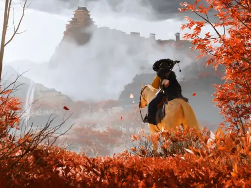 Jeździec w jesiennym krajobrazie, z zamkiem na wzgórzu w tle. To scena z gry Ghost of Yotei PC.