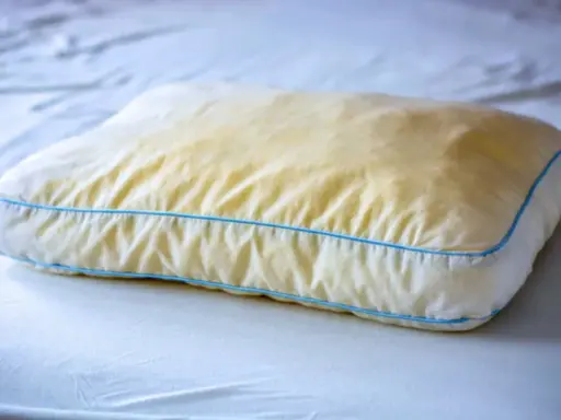 Ein vergilbtes Kissen mit blauen Nähten, das auf einem weißen Bett liegt. Gelbe Flecken deuten auf möglichen Schimmel hin.