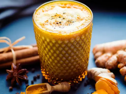 Ein Glas goldene Milch mit Kurkuma, Ingwer, Zimt und Sternanis. So wird goldene Milch gemacht.