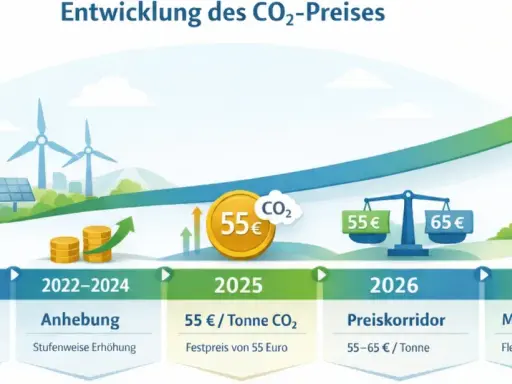 Entwicklung des CO2-Preises in Deutschland: Von Einführung 2021 über Anhebung bis marktorientiert ab 2027. Grüne Energie und steigende Preise.