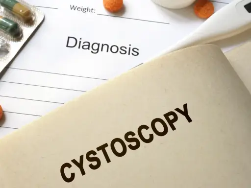 Na dokumentach medycznych, obok leków i termometru, widnieje napis "CYSTOSCOPY". Czas trwania cystoskopii jest kluczowy dla pacjenta.