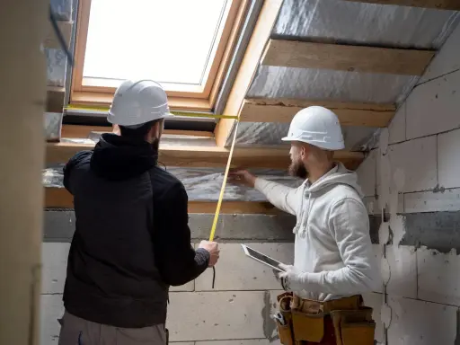 Dos trabajadores miden un tragaluz para mejorar la eficiencia energética.