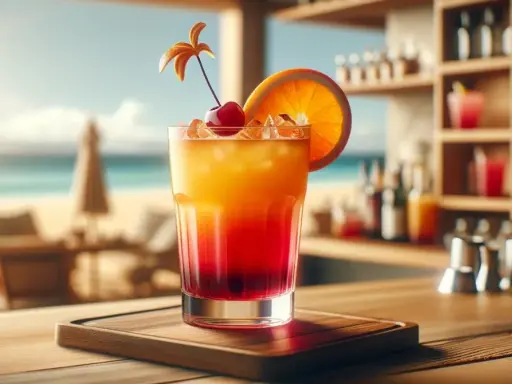 Kolorowy drink na plaży, idealny na letnie wieczory. Słoneczny drink sex, z wisienką i pomarańczą, na tle morza.