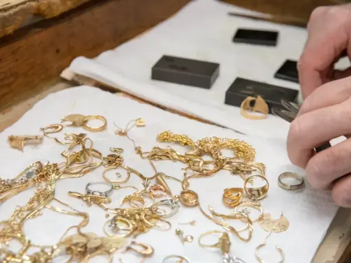 Mani esperte valutano gioielli d'oro, anelli e collane, un modo pratico per imparare come riconoscere l'oro.