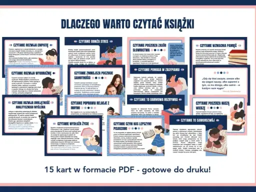 Dlaczego warto czytać książki? Rozwija empatię, obniża stres, poszerza słownictwo, wzmacnia pamięć, rozwija wyobraźnię, pomaga w zasypianiu, wydłuża życie i czyni lepszymi pisarzami.