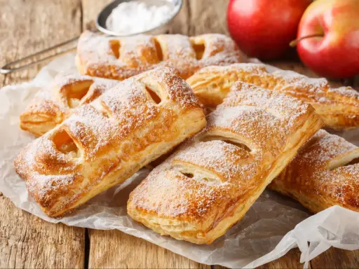 Chrupiące ciasto francuskie z jabłkami, posypane cukrem pudrem, czeka na spróbowanie. Obok leżą rumiane jabłka.