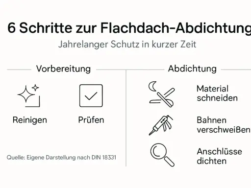 6 Schritte zur Flachdach-Abdichtung: Vorbereitung (Reinigen, Prüfen) und Abdichtung (Material schneiden, Bahnen verschweißen, Anschlüsse dichten). Beachten Sie die Vorschriften für sichere Sekuranten.