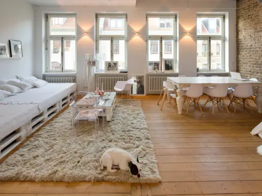 Un soggiorno luminoso con arredamento bianco e legno, un divano letto, un tavolino e un cane che riposa su un tappeto soffice.