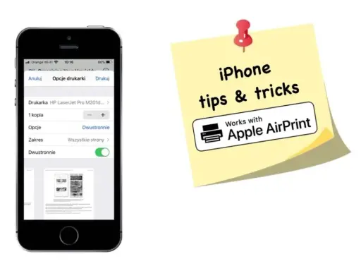 Ustawienia drukowania na iPhonie, pokazujące opcje dwustronnego drukowania. Obok żółta karteczka z napisem "iPhone tips & tricks" i logo "Works with Apple AirPrint", sugerująca łatwe drukowanie.