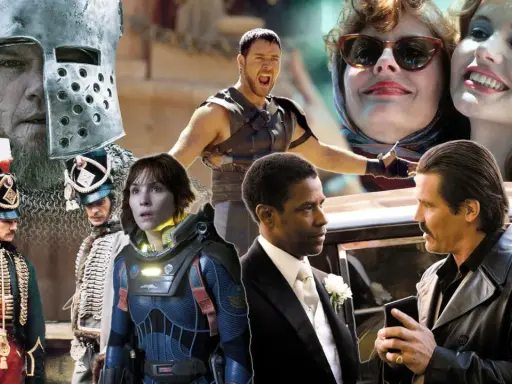 Collage di film di Ridley Scott: un cavaliere, soldati, astronauta, gladiatore, donne e gangster.