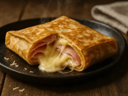 Un délicieux crepe au jambon et fromage fondant, fumant sur une assiette noire, prêt à être dégusté.