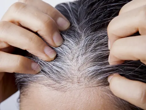 Manos separando cabello oscuro con canas plateadas, buscando cómo cubrir canas sin tinte.