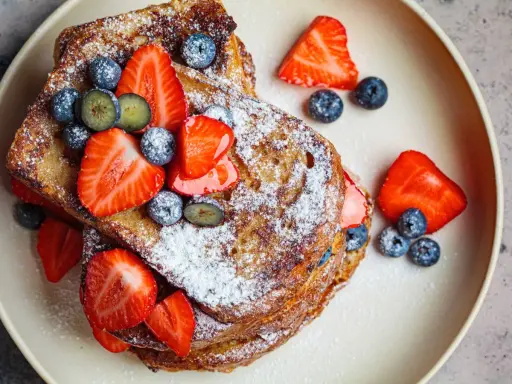 En hög med gyllene french toast, toppad med färska jordgubbar, blåbär och pudersocker. Ett perfekt recept för en lyxig frukost.