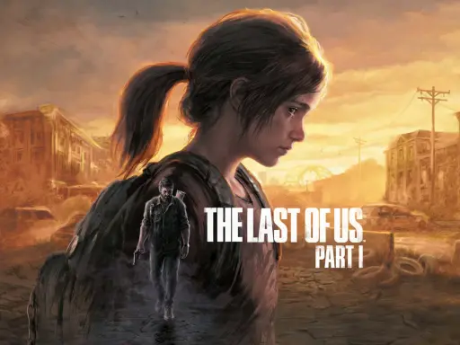 Ellie patrzy w dal, a Joel idzie za nią przez zniszczone miasto. To okładka gry The Last of Us Part I.