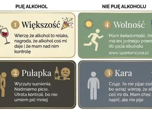 Wykres pokazuje 4 postawy wobec alkoholu: "Większość" (piję, dobrze), "Pułapka" (piję, źle), "Wolność" (nie piję, dobrze) i "Kara" (nie piję, źle). Jak ograniczyć alkohol? Wybierz wolność.