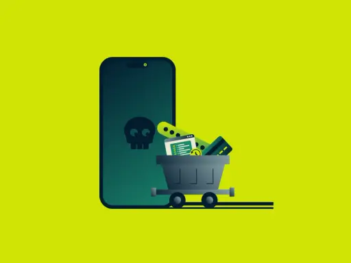 Ein iPhone mit Totenkopf-Symbol und einem Einkaufswagen voller Daten und Kreditkarten. So kann man Spyware auf dem iPhone erkennen.