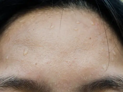 Gouttes de sueur sur le front, signe de transpiration excessive du visage après un effort.
