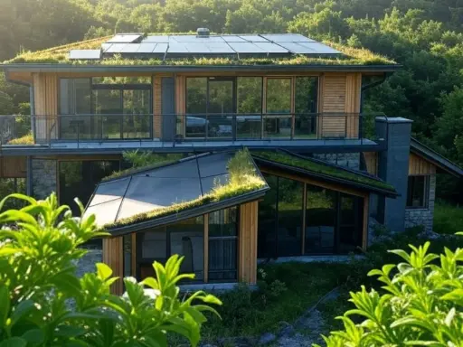 Maison moderne avec toiture végétalisée et panneaux solaires, exemple de construction maison écologique intégrée à la nature.