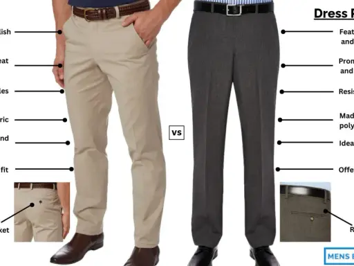 Comparison of Chino trousers and dress pants, highlighting features like pockets, creases, and fit for different occasions.