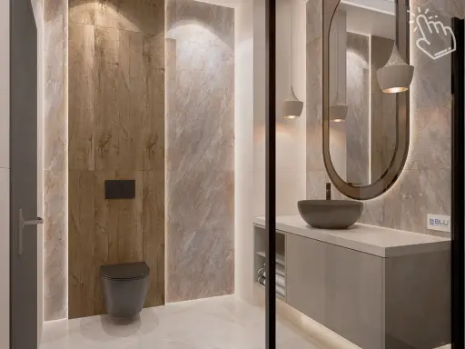 Nowoczesna łazienka z płytkami 120x60 ułożonymi pionowo, imitującymi drewno i kamień. Elegancka umywalka nablatowa i podwieszana miska WC.