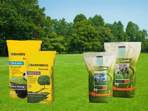 Jaka trawa na trawnik? Na zdjęciu mieszanki Barenbrug i Agro Land do trawników sportowych, ozdobnych i cienistych.