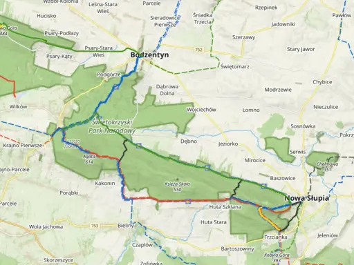 Mapa turystyczna z zaznaczonymi szlakami w Świętokrzyskim Parku Narodowym, prowadzącymi przez Bodzentyn i Nową Słupię.