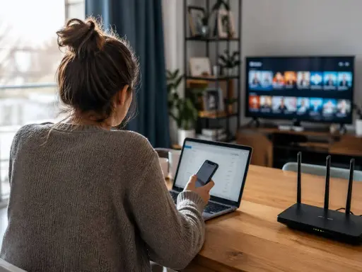 Frau am Laptop, Handy in der Hand. 20 mbit/s wie schnell das Internet ist, zeigt der Router. Streaming auf dem Fernseher.