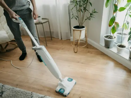 Osoba sprząta panele winylowe za pomocą mopa parowego.