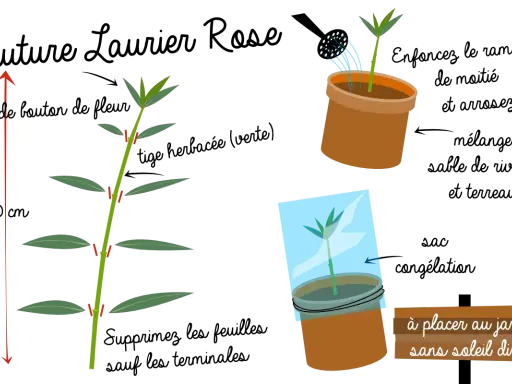 Illustration montrant comment faire une bouture de laurier rose : coupe de tige, mise en pot et protection. À placer au jardin sans soleil direct.