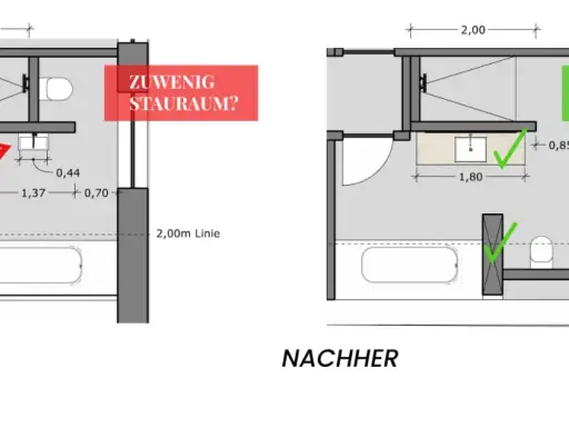 Grundriss-Vergleich: Vorher wenig Stauraum, nachher genug. So kann man eine Treppe planen und den Platz optimal nutzen.