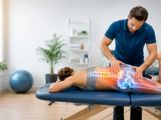 Fizjoterapeuta wykonuje terapię manualną kręgosłupa. Częstotliwość zabiegów zależy od stanu pacjenta.