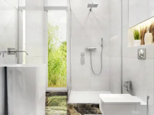 Modernos baños pequeños con ducha, lavabo flotante y ventana con vistas a la naturaleza.