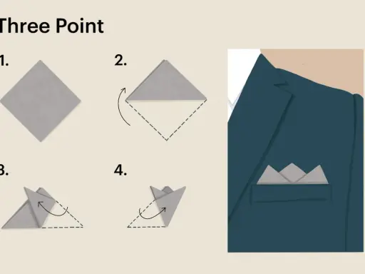 Learn how to fold a pocket square for a tux with this "Three Point" fold tutorial. The steps show a square being folded into a sharp, triangular shape for a sophisticated look.