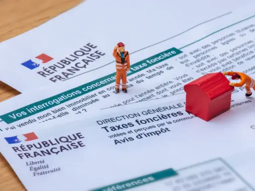 Figurines sur des documents de la République Française concernant la taxe foncière. L'une pousse une maison rouge, l'autre semble réfléchir.